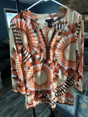 Rafaella Cream, Orange and Brown Floral V-Neck Tunic